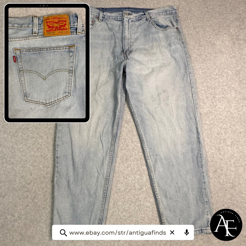Levi 550 92‎ Relaxed Tapered Light Wash Denim Jeans Mens 40x30 A3418-0002